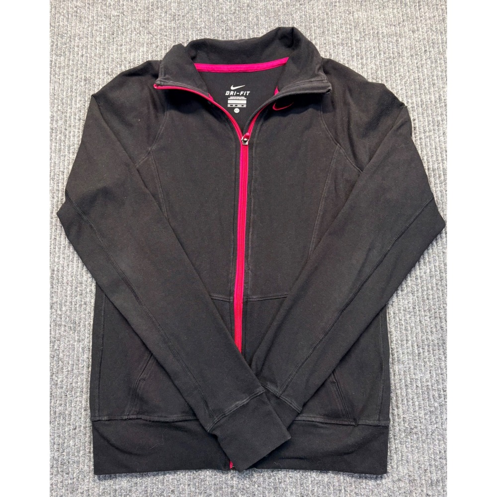 Nike Dri-FIT Womens XS Full Zip Track Jacket Black Pink Mock Neck Thumbholes